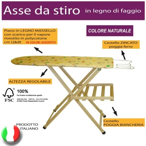 Asse Tavola Da Stiro In Legno Di Faggio Naturale Piano 118X35 Cm Regolabile In 3 Altezze Poggia Ferro In Acciaio E Porta Biancheria Gommini Antiscivolo 2 Asse Tavola Da Stiro In Legno Di Faggio Naturale Piano 118X35 Cm Regolabile In 3 Altezze Poggia Ferro In Acciaio E Porta Biancheria Gommini Antiscivolo - immagine 2