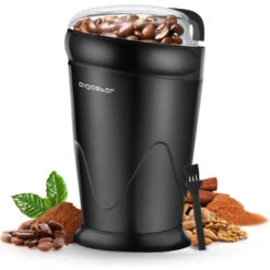 Aigostar Breath 30CFR - Macina Caffè Elettrica A Doppio Contatto Con Lame In Acciaio Inossidabile, Macina Chicchi Di Caffè, Spezie, Frutta A Guscio E Grano Capacità Di 60g, 150 Watt, BPA Free, Nero.
