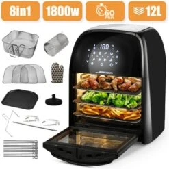 XXXL 8in1 Forno Ad Aria Calda 12l + 10 Accessori - 1800W, 8 Programmi, Girarrosto, Disidratatore, Temperatura E Timer Regolabili