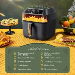 Aigostar Zane - Friggitrice Ad Aria Da 8 Litri E 1700W Con Ampia Finestra Di Visualizzazione. 12 Impostazioni Di Menu Preimpostate, Comandi Luminosi , Touch Screen LED, Con Ricettario, BPA FREE -Rowenta Negozio 86973733 3