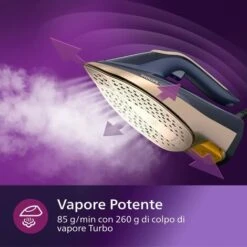 Philips Domestic Appliances Azur Serie 8000 Ferro A Vapore - 85 G/min Di Vapore Continuo, 260g Di Colpo Di Vapore Turbo, 3000W, Tecnologia OptimalTEMP, Piastra SteamGlide Elite, Blu Scuro (DST8050/20) -Rowenta Negozio 89659906 5